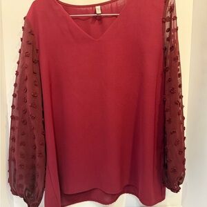 Red Relaxed Blouse with Sheer Sleeves